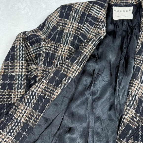 Vintage Jaeger Plaid Blazer Black Tan Wool Blend Sparkle‎ Button Jacket Women M - Picture 5 of 10
